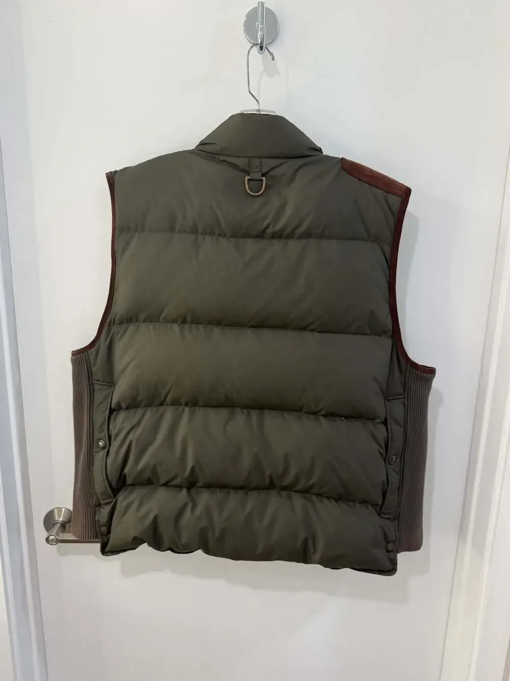 Polo Ralph Lauren Olive Green Down Puffer Vest with Suede Shoulder and Pocket Ac